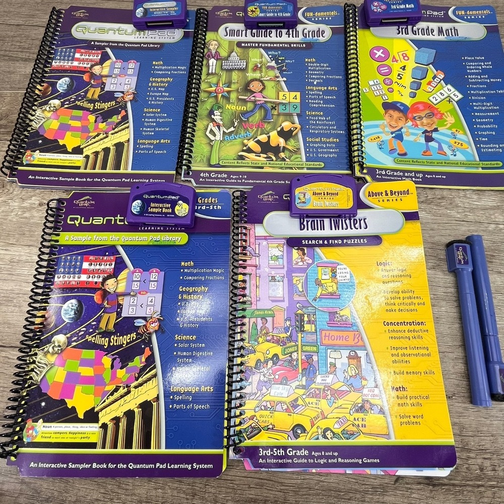 Leap Frog LeapPad Interactive Books (5) & Cartridges (5) Lot QuantumPad 3rd-4th